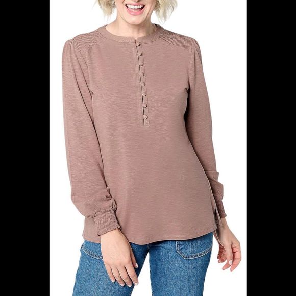 Belle by Kim Gravel Women's Slub Knit Smocked Henley Taupe - Regular - Picture 1 of 1